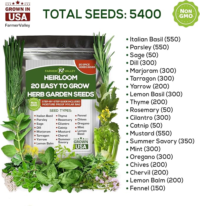 Assorted Collection of Spice Herb and Green Lettuce Seeds - Non GMO USA Grown - 34 Heirloom Varieties for Hydroponic Indoor and Outdoor Planting - Salad and Tea Seeds for Home Growing