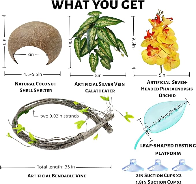 Crested Gecko Terrarium Decor Kit - 5PCS Rainforest Tank Accessories with Coconut Hide, Climbing Vines, Leaf Platform & Artificial Plants - Habitat Enrichment for Humidity & Hiding (Yellow)
