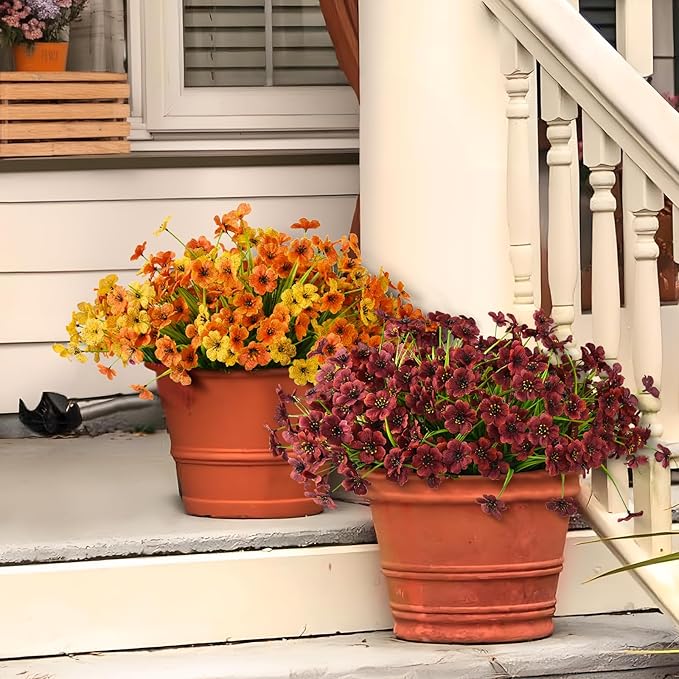 Artificial Fake Plants Flowers for Outdoor Outside Fall Decoration,24 Bundles Faux Silk Orange Daisy in Planter UV Resistant Look Real for Home Front Door Porch Patio Garden Balcony Autumn Decor