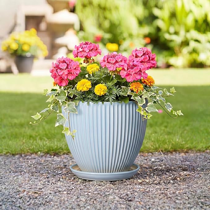 10 Inch Pots for Plants, Ceramic Plant Pots with Drainage Hole and Saucer, Modern Flower Pots for Indoor Plants, Decorative Large Planter, Entryway Decor, Gardening Gifts, Light Blue