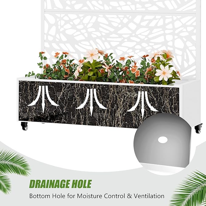 Casaphoria Metal Raised Garden Bed with Trellis and Wheels, 47"x47"x16" Planter Box for Climbing Plants, Vegetables & Vines, Features Drainage Holes and Privacy Screen, White-Net