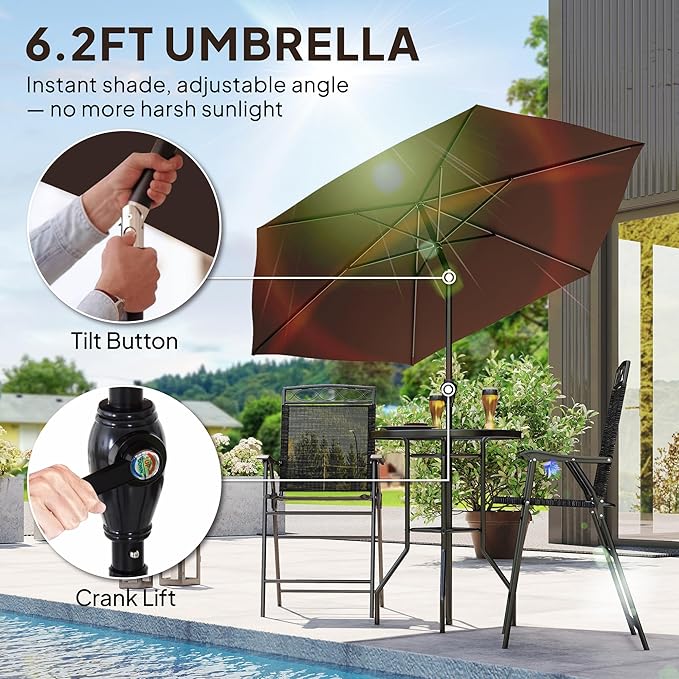 Outsunny 4 Piece Outdoor Patio Dining Furniture Set, 2 Folding Chairs, Adjustable Angle Umbrella, Wave Textured Tempered Glass Dinner Table, Black