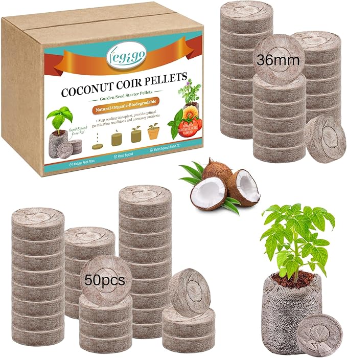 Legigo 50 PCS 35mm Coco Coir Pellets Seed Starter Pods, Compressed Seed Starting Coconut Coir Pellets Soil Plugs for Seedlings, Seeds Plant Starter Pods for Garden Planting Herbs Flowers Vegetables