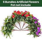 Nigirior Artificial Fake Flowers for Outdoor Décor 6 Bundles UV Resistant Fake Plants for Planter Faux Impatiens for Home Porch/Garden Stunning（Red/White/Purple）