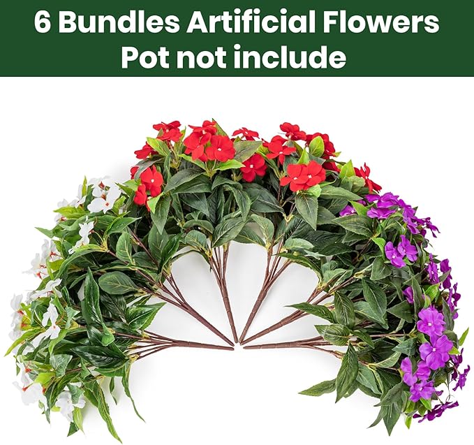 Nigirior Artificial Fake Flowers for Outdoor Décor 6 Bundles UV Resistant Fake Plants for Planter Faux Impatiens for Home Porch/Garden Stunning（Red/White/Purple）