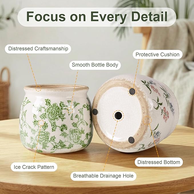 DREAMLOOM Vintage Ceramic Planter for Indoor Plants,6.1" Ice Crack Cottage Scroll Vase Tuscan Decor Flower Pots with Drainage Holes Home Kitchen Farmhouse Antique Decorative Gift (Green-Round)
