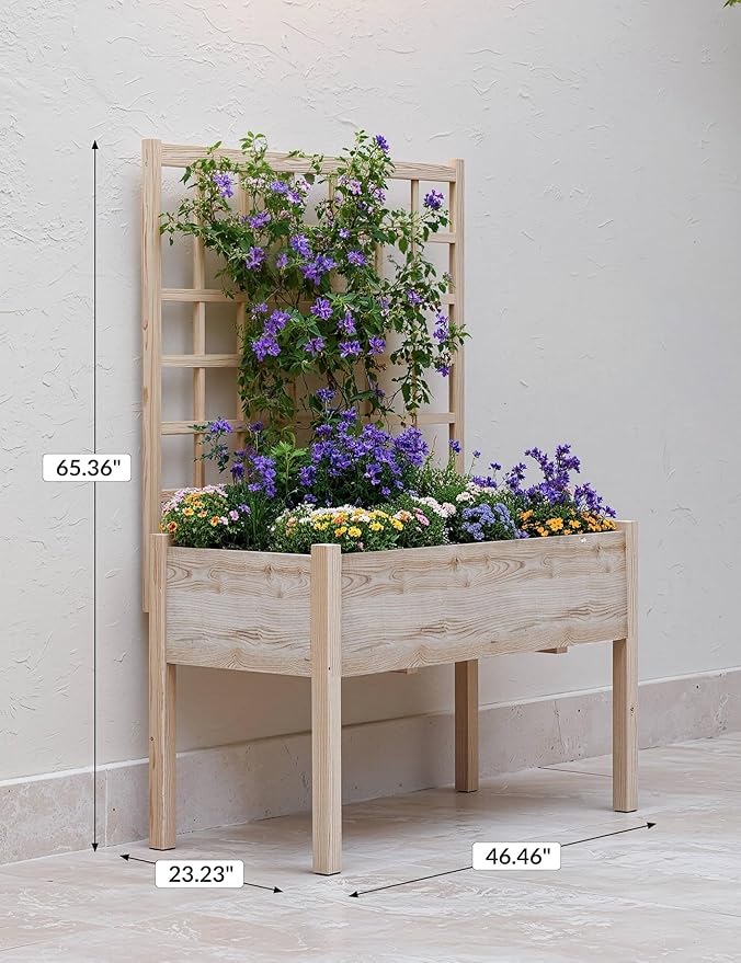 Garvee Wooden Raised Garden Bed with Trellis, 46.46x23.23x65.35IN Elevated Planter Box with Legs for Climbing Plants, Vegetables & Flowers