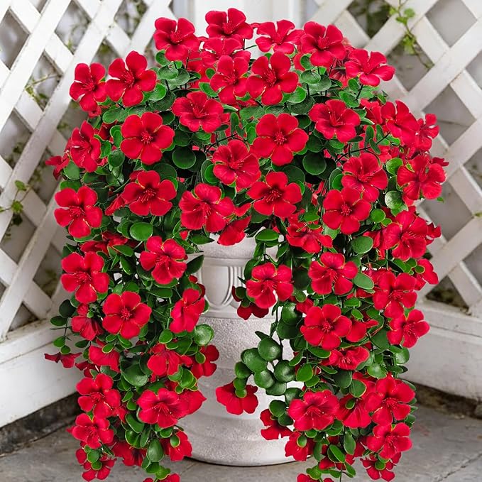 Artificial Geranium Hanging Flowers for Outdoor Decoration, 2 Bundles UV Resistant Silk Geranium Fake Plants Faux Flowers for Front Porch Garden Patio Window Box Outside Indoor Decor (Red)