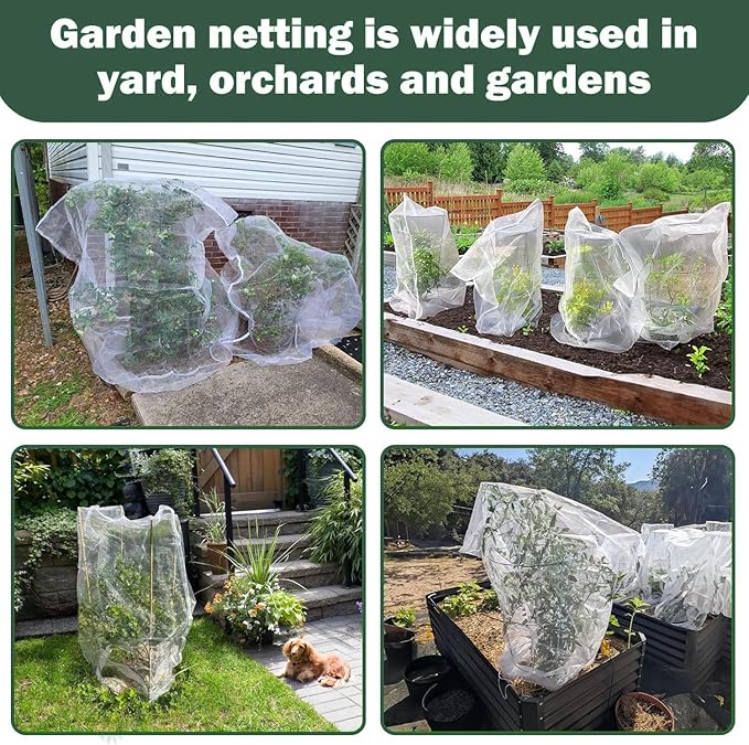 4 Pack Garden Neting Plant Insect Bird Barrier Mesh with Drawstring 4.6Ft x 5.91Ft Mesh Plant Covers Freeze Protection Tomato Barrier Bag for Garden Flower Blueberry Vegetables Fruits Bird Eating