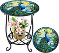 Outdoor Side Table Round Small Mosaic Patio Accent Indoor End Plant Coffee Tea Table for Yard Patio Porch Garden Living Room, Bedroom(Peacock Style,16 Inch)