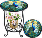 Outdoor Side Table Round Small Mosaic Patio Accent Indoor End Plant Coffee Tea Table for Yard Patio Porch Garden Living Room, Bedroom(Peacock Style,16 Inch)