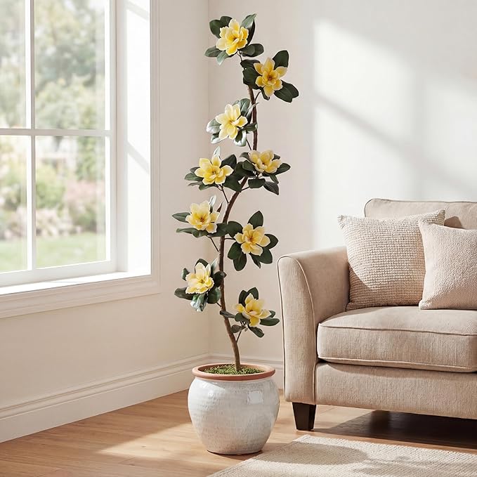 Jexine 7 ft Artificial Rubber Tree with 9 Magnolia Flowers in Pot Extra Tall Faux Magnolia Tree Fake Plant Indoor Floor Plant for Indoor Living Room Office Home Decor