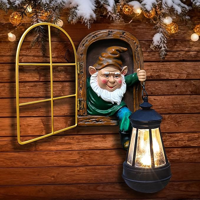 Garden Gnomes Statues with Solar Lantern Christmas Decorations, Outdoor Tree Hugger Gnome Decor Statue, Tree Face Figurines for Fence Wall Yard Home Birthday Gifts for Mum, Women