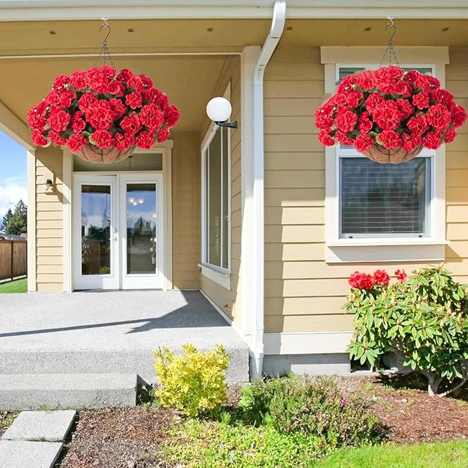 INSPRING Geraniums Artificial Flowers Hanging Basket for Outdoors Outside Spring Decoration, 8 Bundles Silk Flowers Fake Plants Look Real UV Resistant for Porch Home Patio Balcony Yard, Red