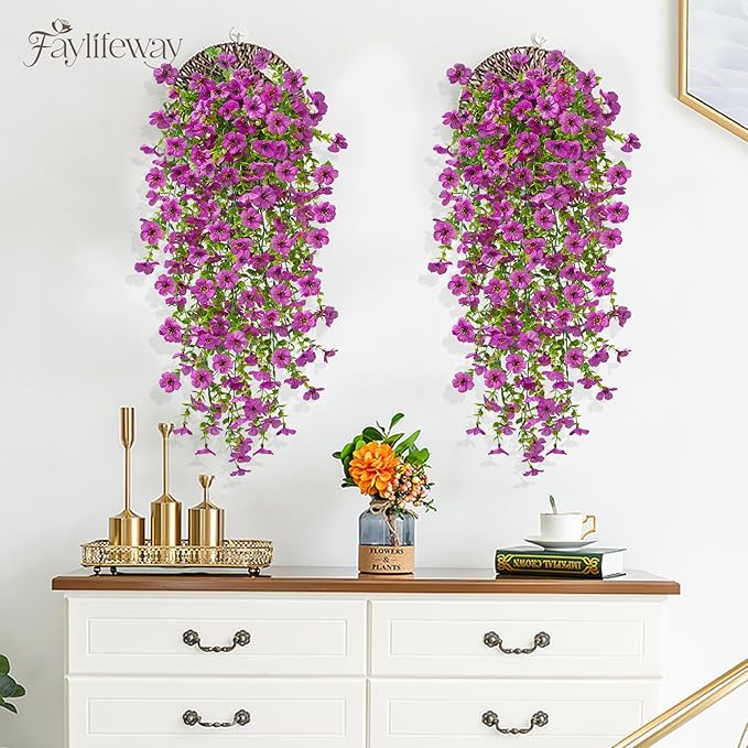 Artificial Hanging Flowers for Outdoors Spring Summer Decoration, 4PCS UV Resistant Silk Fake Hanging Plants for Patio Porch Front Yard Window Garden Indoor Decor(Purple,4PCS)