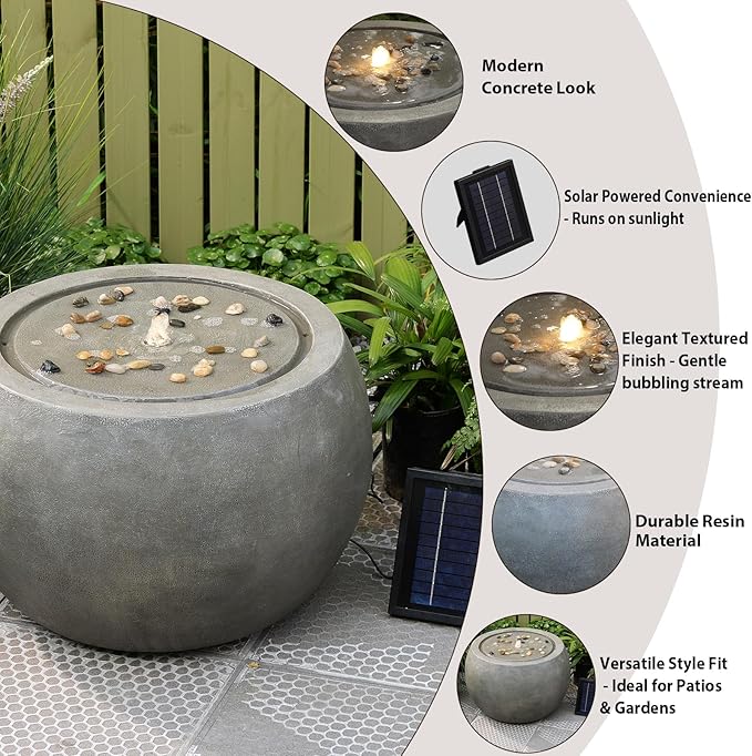 Tankana Solar Water Fountain Outdoor Garden Bubbler Large Water Feature Outdoor Fountains Solar Powered with Pebbles for Patio Deck Yard Home Decor Gray, 25 "L X 25" W X 17.5" H
