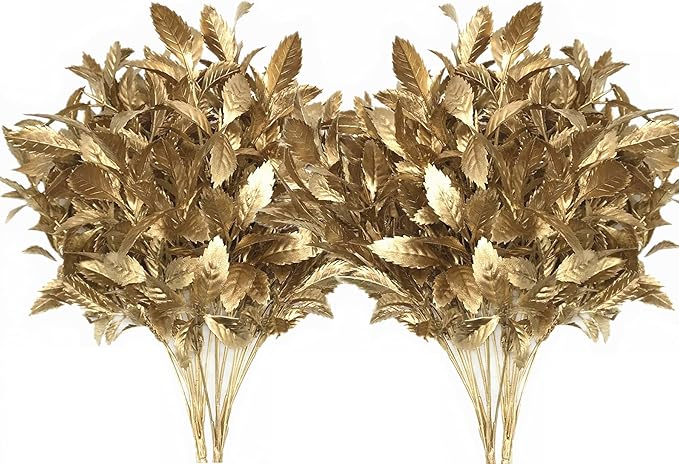 PASYOU Artificial Golden Plants Decor, Plastic Grass Fake Shrubs Simulation Leaves for Indoor Outdoor Home Garden Planter Filler Party Verandah Wedding Faux DIY Decoration - Gold 6 Pack