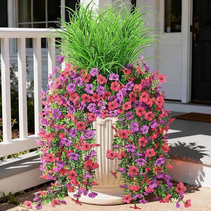 Artificial Hanging Flowers for Outdoors with Wheat Grass, 5 Pcs Fake Hanging Plants for Spring Decor, UV Resistant Faux Silk Flower Greenry for Planter Porch Patio Yard Garden(Purple Hot Pink)