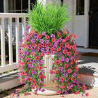 Artificial Hanging Flowers for Outdoors with Wheat Grass, 5 Pcs Fake Hanging Plants for Spring Decor, UV Resistant Faux Silk Flower Greenry for Planter Porch Patio Yard Garden(Purple Hot Pink)