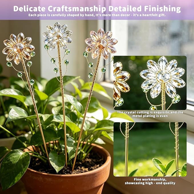 3 Pack Crystal Sunflower Suncatchers with 13" Gold Trellis Stakes – Handmade Rainbow Prism Plant Decor for Indoor Pots, Houseplants & Garden Gift (Amber, Red, AB)