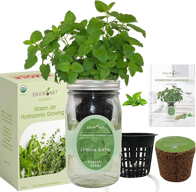 Hydroponic Herb Growing Kit, Self-Watering Mason Jar Herb Garden Starter Kit Indoor, Windowsill Herbs Garden, Grow Your Own Herbs from Organic Seeds (Lemon Balm)
