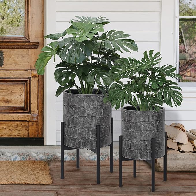 Oakrain Planters for Indoor Plants, Set of 2 Mid-Century Modern Planter with Stand, Decorative Metal Planter Pots for Living Room, Office, Garden, Balcony, 10"&12", Rustic Gray