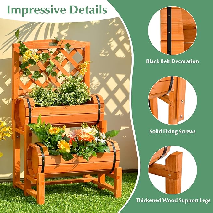 S AFSTAR 2 Tier Raised Garden Bed with Trellis, Wooden Planter Box with Diamond Lattice Trellis, Elevated Planter Bed for Vine Climbing Plants Flowers, Rise Garden Bed for Yard Balcony Patio, Orange