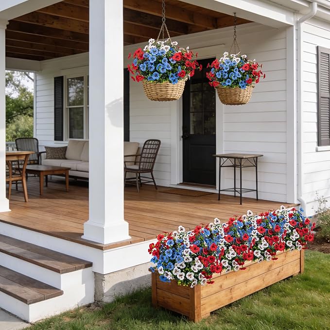 17 Inch Artificial Faux Pansy Flowers for Outdoor,Fake Pansies Flowers with Eucalyptus Leaves Fake Plants Greenery Boxwood Porch Patio Decor 6 Bundles(Red,Blue,White)