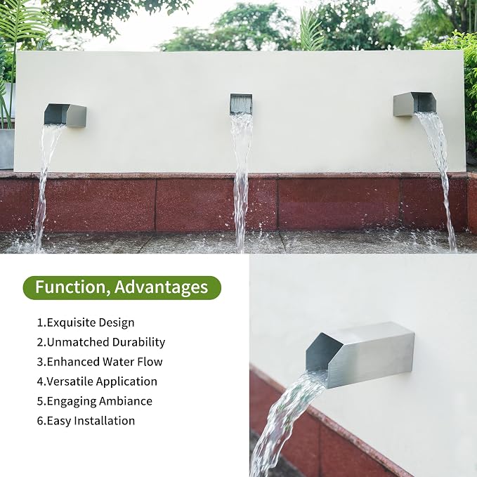 PONDO 4" Square Water Fountain Spout, 316 Stainless Steel Spillway Waterfall Accent Scupper with Integrated Spray Baffle for Landscape Decor, Pond, Pool, Water Wall, Fountain (Brushed Stainless Steel)