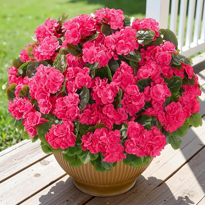 Alupssuc 8Pcs Artificial Geranium Flowers for Outdoors Decoration Silk Floral, UV Resistant Fake Plants, Faux Flower for Porch Garden Table Centerpieces Home Indoor Outside Spring Decor(8, Deep Pink)
