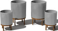 Veradek Demi Series Round Planter w/Stand for Porch/Patio | Durable Plastic-Stone Composite & Wooden Stand | Modern Décor for Tall Plants, Flowers