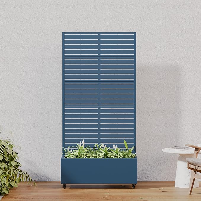 Casaphoria Metal Raised Garden Bed with Trellis and Wheels, 72"x35"x16" Planter Box for Climbing Plants, Vegetables & Vines, Features Drainage Holes and Privacy Screen, Blue-Louvered