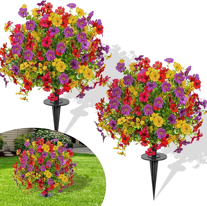 FAJUNZH 23" Set of 2 Artificial Boxwood Topiary Ball with Violet Flowers with Spikes, UV Resistant Faux Greenery Shrubs, Realistic Fake Bushes Plants for Garden, Yard, Front Porch, (Colorful Violet)