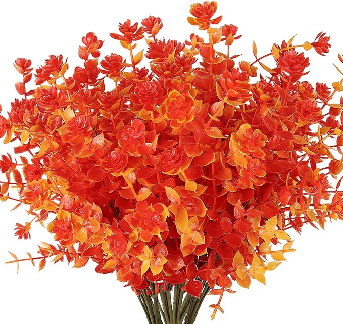 RECUTMS 8 Bundles Artificial Fall Flowers No Fade Faux Autumn Plants, Fake Indoor Outdoor Greenery for Thanksgiving Christmas Wedding Party Home Garden Fireplace Décor (Golden)