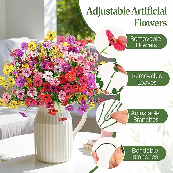 Alupssuc 48 Bundles Artificial Flowers for Outdoors Decoration, UV Resistant Silk Faux Floral Spring Fake Plastic Plants Greenery for Outside Indoor Home Porch Window Box Decor(Upgrade 6 Colors)