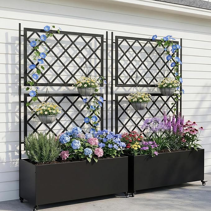 VINGLI 71″H Metal Raised Garden Bed with Trellis and Wheels, Outdoor Planter Box with Drainage Holes for Climbing Plants, Vegetables and Vines, Privacy Screen, for Patio, Backyard and Balcony, Black