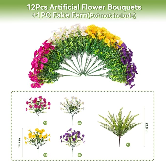 Artificial Flowers Fake Plants for Outdoors Decoration, 12 Bundles Silk Morning Glory with Boston Fern Realistic UV Resistant Faux Spring Flowers for Outside Planter Yard Patio Garden Home Indoor Urn