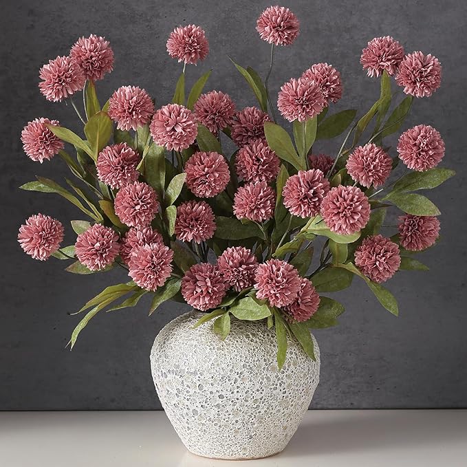 VIERENA 6 Pcs Faux Silk Pompon Mum Artificial Flowers for Vase -27", Bulk Fake Chrysanth Branches with Stems for DIY Bouquet Centerpieces Wedding Fillers Arrangements Shower Decorations (Warm Pink)