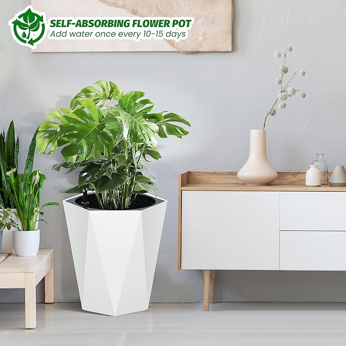 16 in Self Watering Planters Set of 2, Tall Diamond Design, with Water Level Monitor, Indoor Outdoor Flower Pots for Patio, Porch, Living Room, Home Office