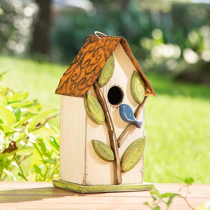 Glitzhome 9.7" H Hanging Birdhouse for Outdoor Patio Garden Decorative Pet Cottage Distressed Wooden Bird House for Finch Swallow Wren Chickadee, Leaves Rustic White