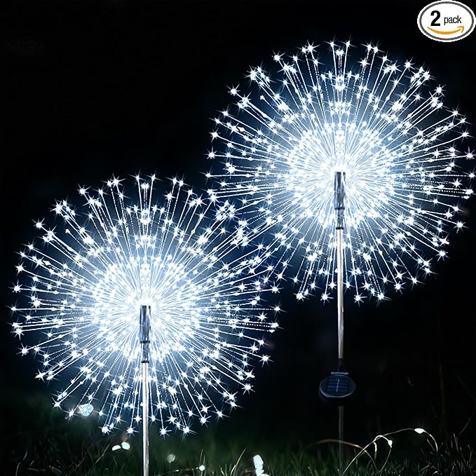 JJGoo Solar Firework Lights, 2 Pack 135 LEDs 2 Lighting Modes Solar Lights Outdoor Waterproof for Garden Patio Walkway Pathway Party Wedding Christmas Decorative - White