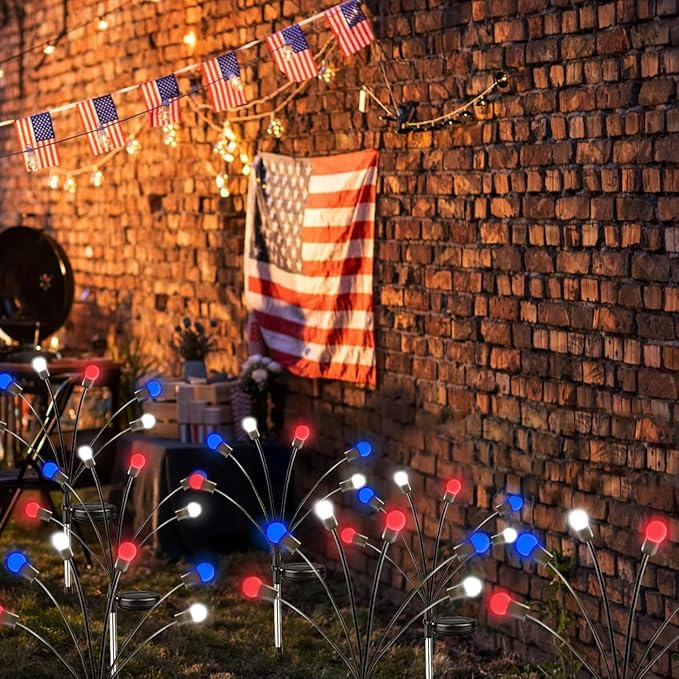 4th of July Decorations Outdoor, 8 Pack Red White and Blue Solar Garden Lights 48 LED, 2 Modes Solar Firefly Lights Outdoor Waterproof for Independence Day Garden Yard 250 Anniversary USA Decoration