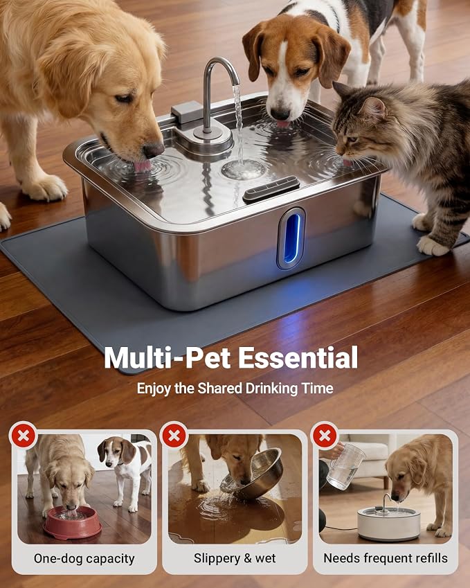 15L/4Gal Large Dog Water Fountain with Pet Feeding Mat & 3 Filters, Stainless Steel Pet Water Fountain for Dogs Cats, Dog Water Bowl Dispenser with Visible Window, Alert Light, Quiet Pump