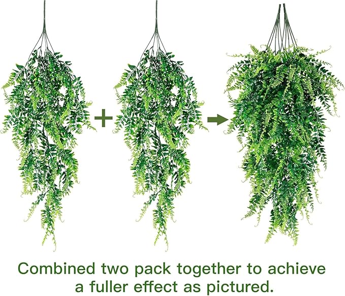 Sggvecsy 6 Pack Artificial Hanging Plants Fake Hanging Plant Faux Hanging Boston Ferns Fake Ivy Vines Greenery UV Resistant Plastic Plants for Indoor Outdoor Room Wall Wedding Patio Porch Decor