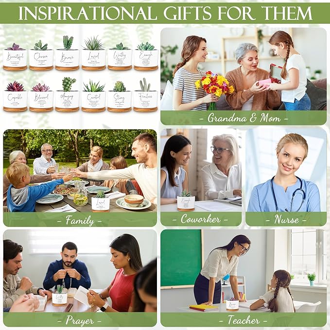Fumete 12 Pcs Bible Verse Succulent Pots with Tray Drainage, 3 x 2 in Inspirational Mini Ceramic Flower Planter Christian Religious Gifts for Women Men Teacher Guest Staff Church(Affirmation Series)