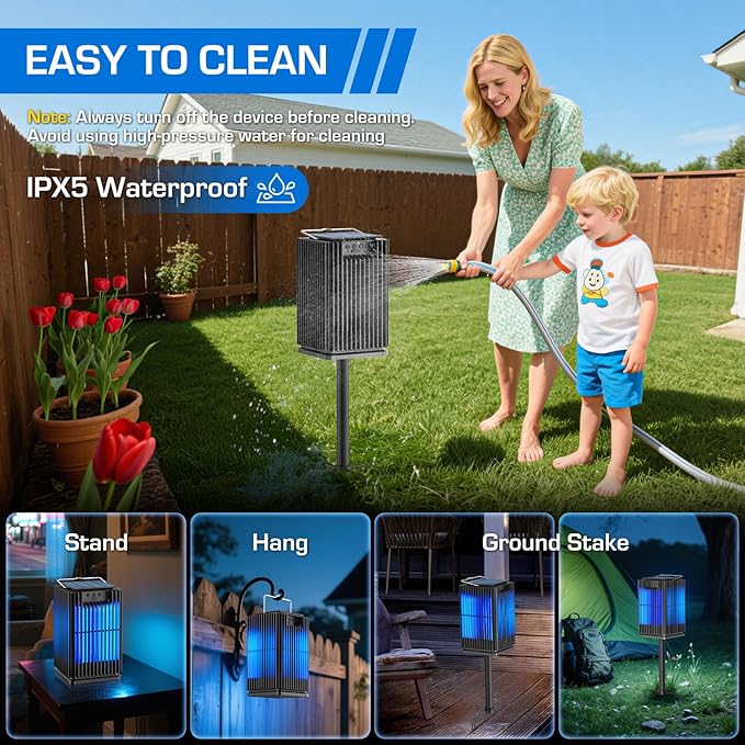Solar Bug Zapper Outdoor, Waterproof Mosquito Zapper Type-C & Solar Powered, Auto On/Off, Cordless 4200V Electric Fly Zapper, 5000mAh Rechargeable Mosquito Trap Killer for Patio Backyard Camping