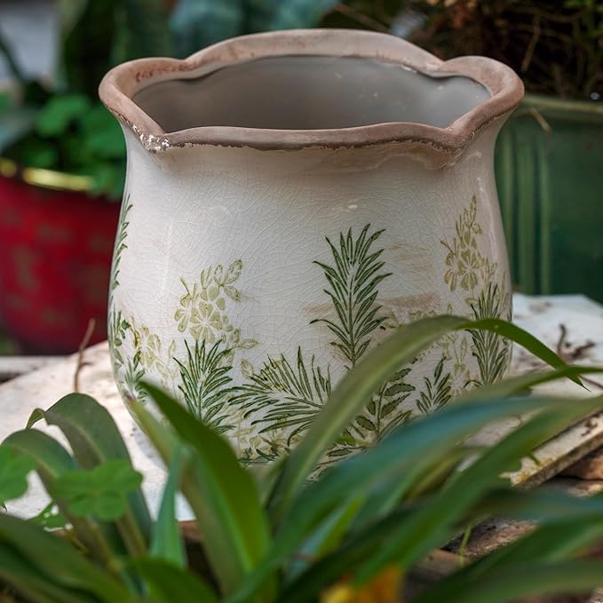 Dosayes Rustic Ceramic Planter, 6 Inch Tuscan Vintage Flower Pot with Drainage, Farmhouse Garden Pot for Indoor Plants, Kitchen & Garden Tuscan Decor, Plant Lover Gift (Grass Green)