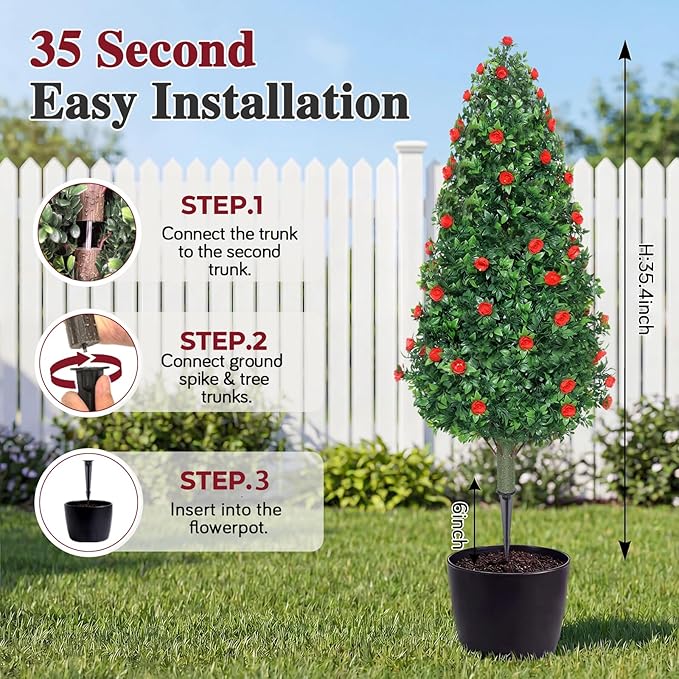 PATIO CHOICE 3ft Artificial Topiary Trees with Rose Set of 2 Outdoor Faux Plants Realistic Faux Bushes and Shrubs Decorations for Outdoor Front Porch Garden (Rose, 36in)