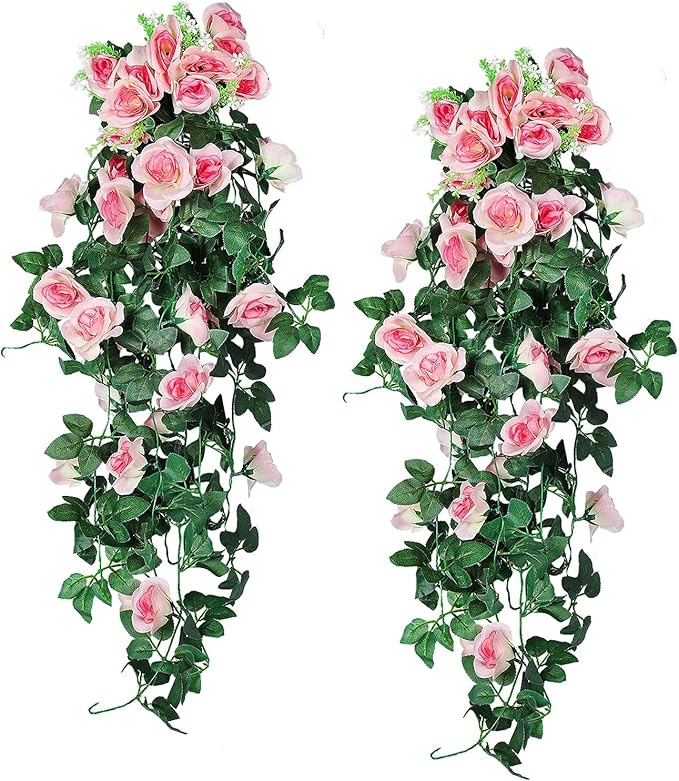 RECUTMS 4PCS Artificial Rose Hanging Flower 32 in Fake Garland for Home Room Garden Wedding Indoor Outdoor Decoration (Champagne)