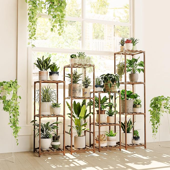 Bamworld Tall Plant Stands Indoor 4 Sets Plant Shelves Outdoor Wooden Plant Holder for Multiple Plants Flower Stands for Living Room Balcony Garden Patio Lawn Window